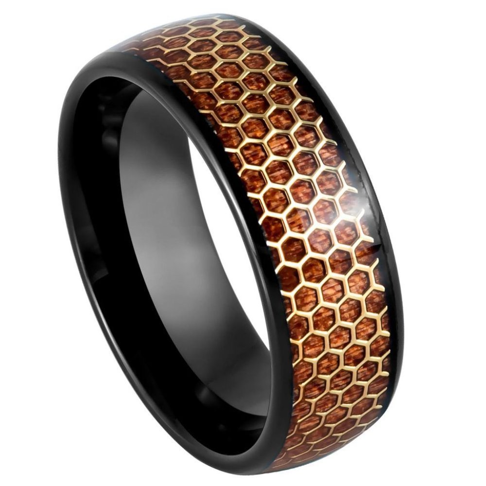 8MM DOME BLACK IP WITH HONEYCOMB TUNGSTEN RING